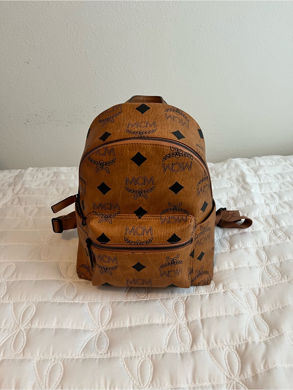 MCM unisex Cognac Monogram Coated Canvas Backpack with Black Accents